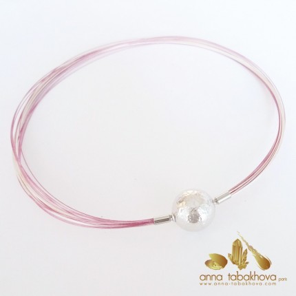 PINK coated nylon and silver plated steel necklace