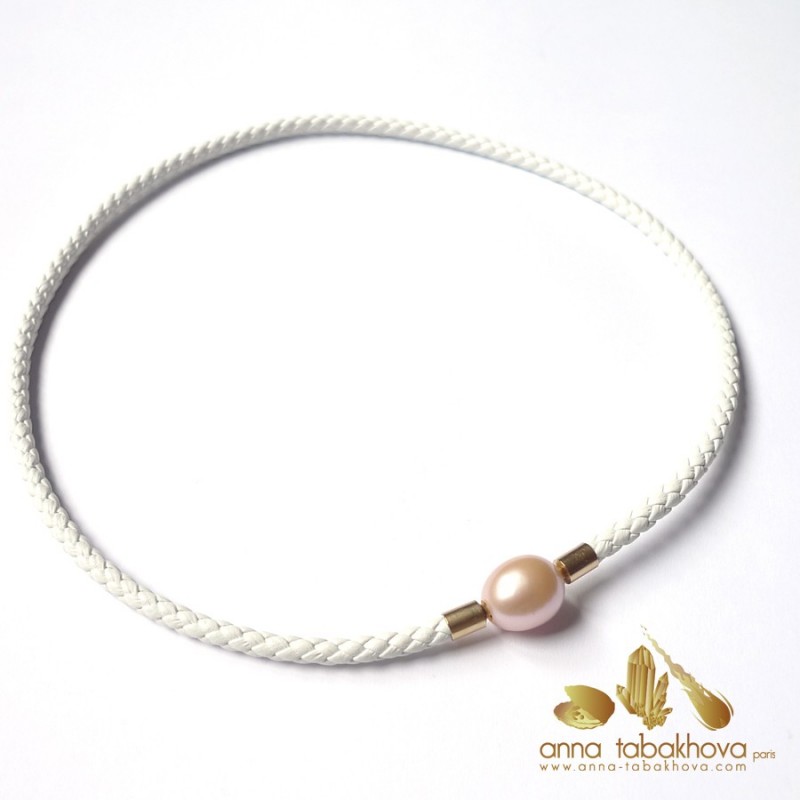 12 mm PINK Pearl Clasp with a white braided leather necklace (sold separatly)