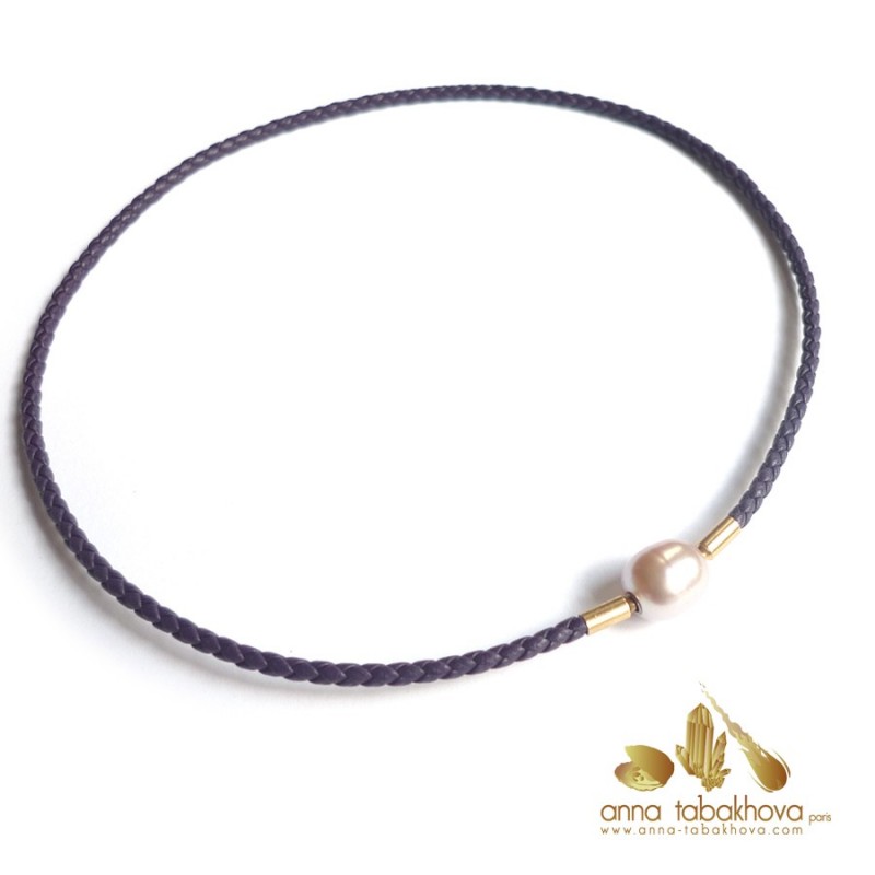 3 mm Braided Leather InterChangeable Necklace, in purple matched with a pearl clasp (sold separtly) .