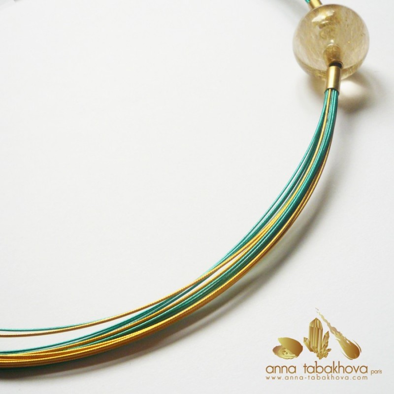GREEN coated nylon and gold plated steel necklace with a rutil quartz bead clasp
