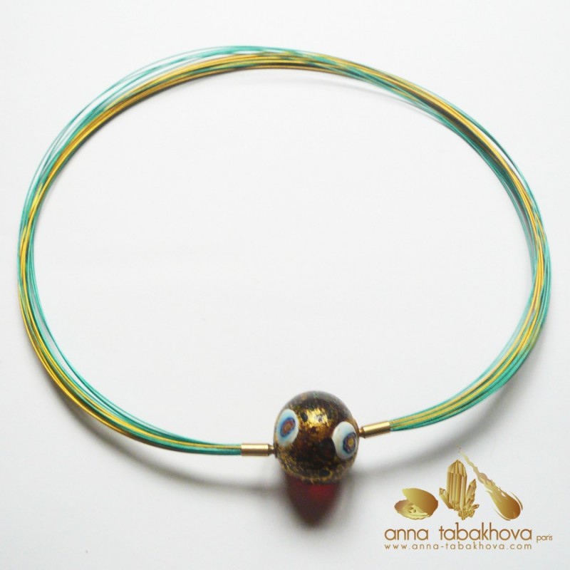 GREEN coated nylon and gold plated steel necklace with a Murano bead clasp